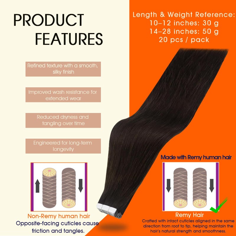 Full Shine Tape in Hair Extensions Human Hair Darkest Brown 24 Inch Seamless Tape in Extensions Brazilian Remy Hair Skin Weft Hair 20 Pieces 50 Grams Color 2 Glue Human Hair Extensions for Wedding - Image 2